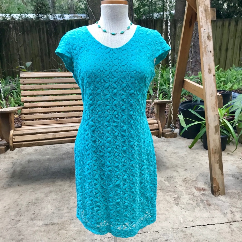 NWT Taylor turquoise floral overlay dress, size 10